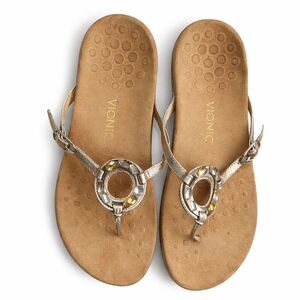 Vionic Ricci Flip Flop Sandals Size 11 Gold Leather Jeweled Thong Orthaheel